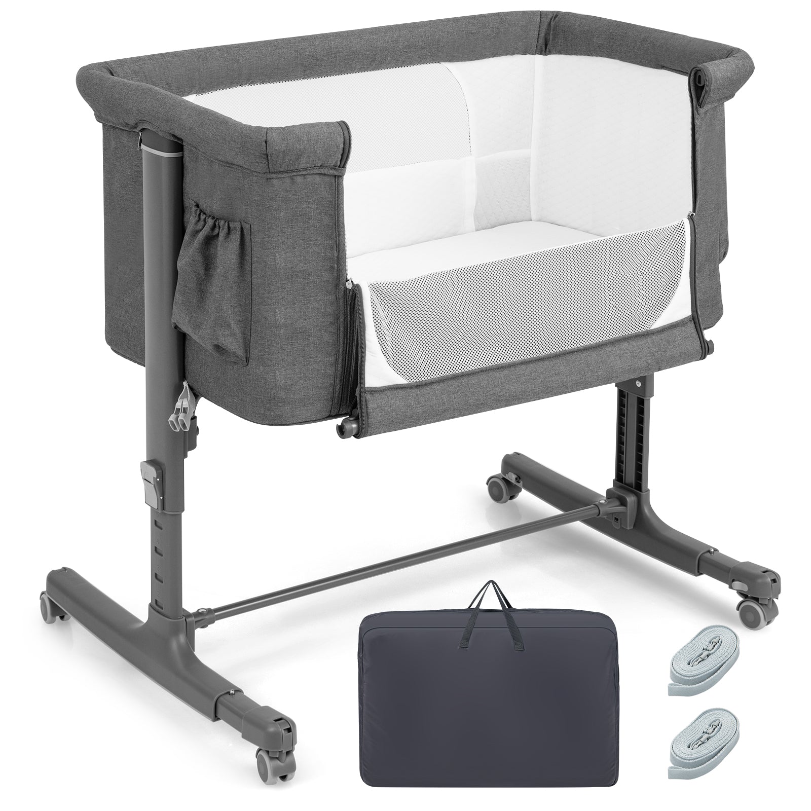 3-in-1 Adjustable Baby Bedside Bassinet with Mattress-Grey